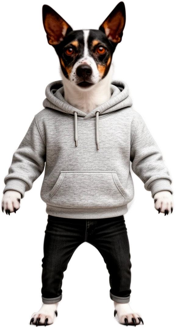 Capone as a cartoon dog in a gray hoodie