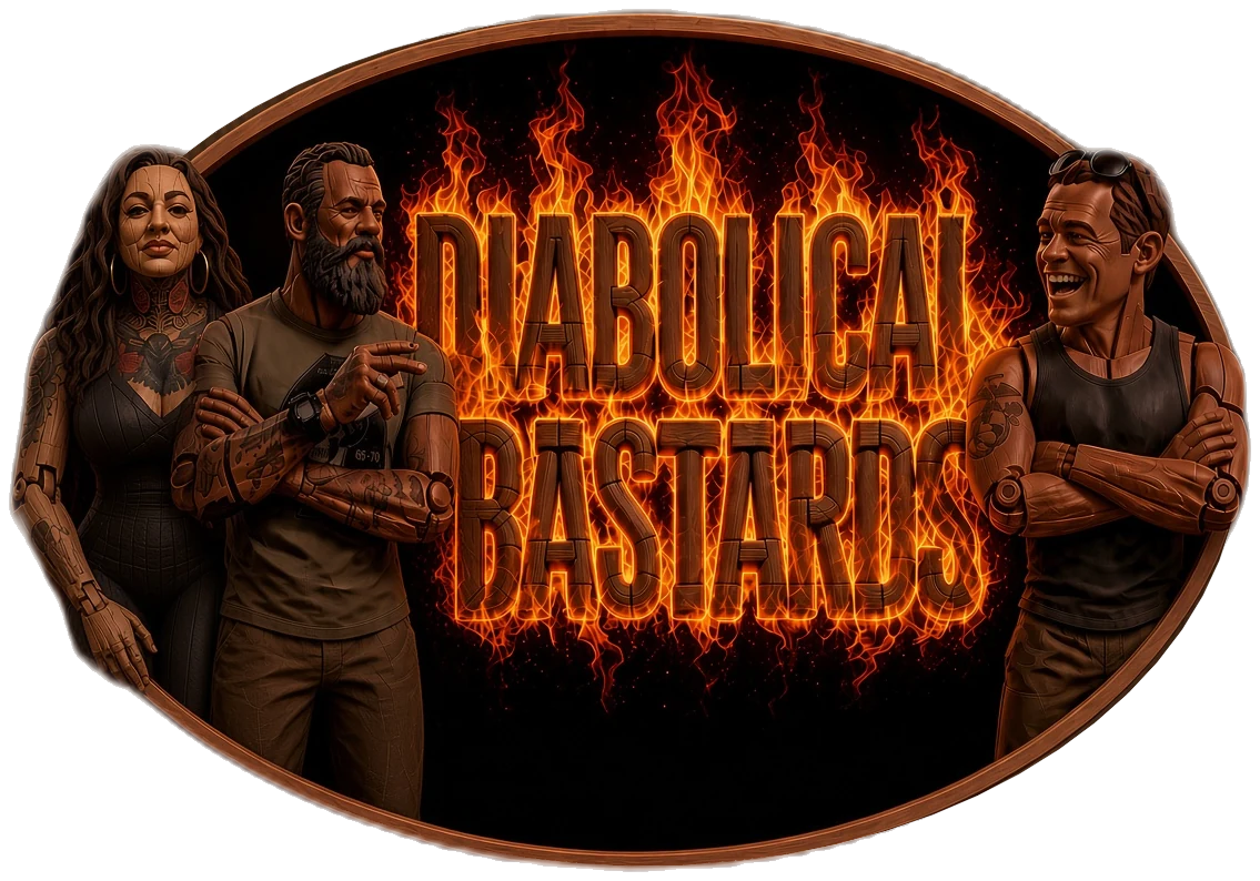 Diabolical Bastards emblem: three carved-wood marionettes beside the show name in flames